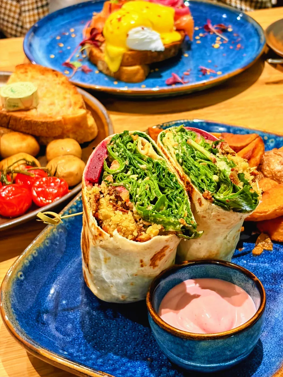 Wrap and breakfast plates on a table