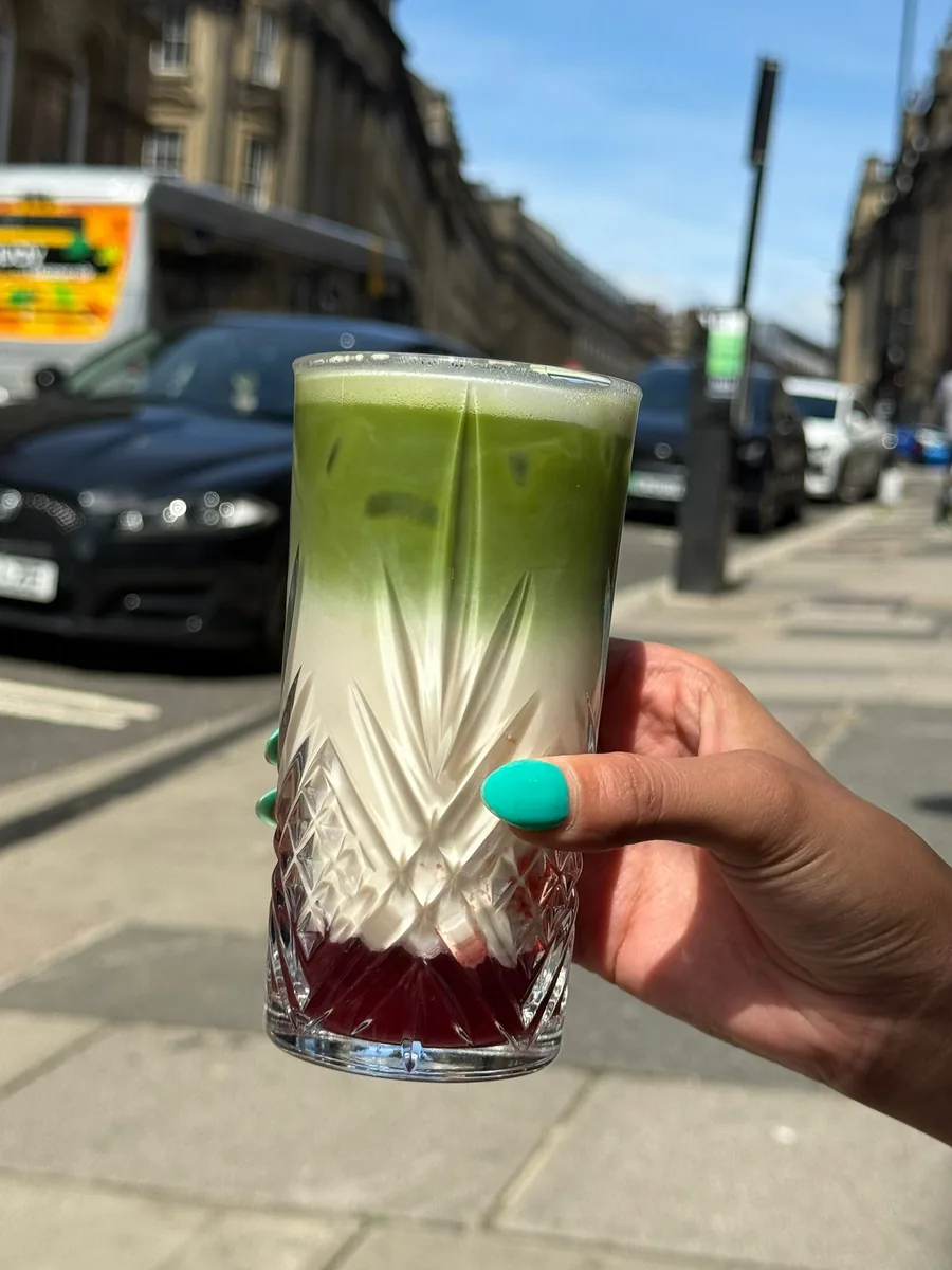 Iced green drink outside the café